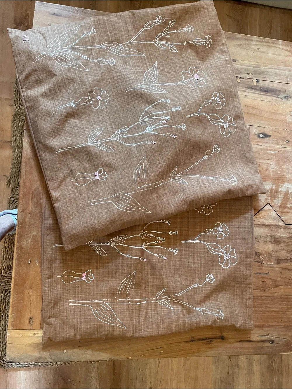 Modern brown pillow covers (2) with pink embroidery on flowers